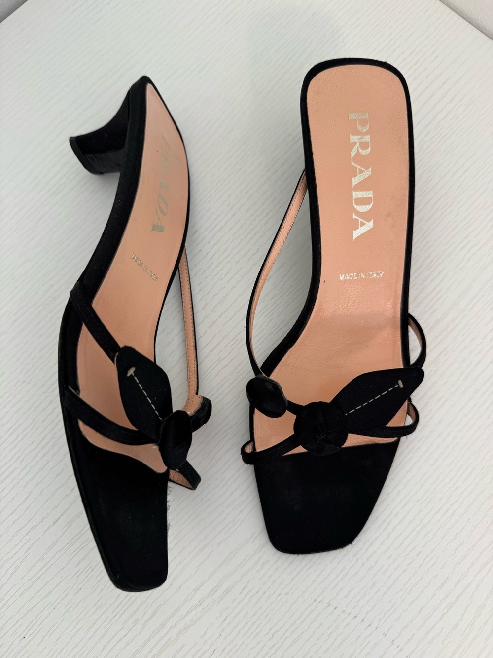 PRADA Vintage Black Silk Rosebud Flower Square Toe Sandal Kitten Heels EU 37 - Picture 2 of 10